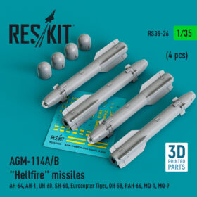 ResKit AGM-114A/B "Hellfire" missiles (4 pcs) (AH-64, AH-1, UH-60, SH-60, Eurocopter Tiger, OH-58, RAH-66, MQ-1, MQ-9) (3D Printed) (1/35) RS35-0026