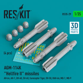 ResKit AGM-114K "Hellfire II" missiles (4 pcs) (AH-64, AH-1, UH-60, SH-60, Eurocopter Tiger, OH-58, RAH-66, MQ-1, MQ-9) (3D Printed) (1/35) RS35-0029