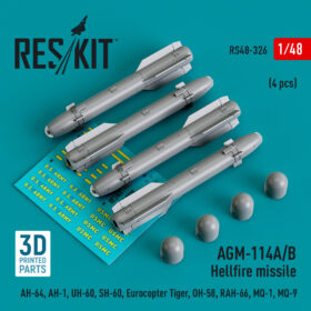 ResKit AGM-114A/B "Hellfire" missiles (4 pcs) (AH-64, AH-1, UH-60, SH-60, Eurocopter Tiger, OH-58, RAH-66, MQ-1, MQ-9) (3D Printed) (1/48) RS48-0326