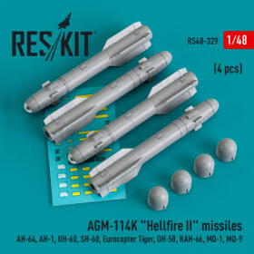 ResKit AGM-114K "Hellfire II" missiles (4 pcs) (AH-64, AH-1, UH-60, SH-60, Eurocopter Tiger, OH-58, RAH-66, MQ-1, MQ-9) (3D Printed) (1/48) RS48-0329