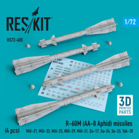 ResKit R-60М (AA-8 Aphid) missiles (4 pcs) (MiG-21,MiG-23,MiG-25, MiG-29,MiG-31,Su-17,Su-24,Su-25,Yak-38) (3D printing) (1/72) RS72-0405