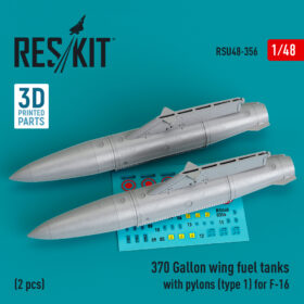 ResKit 370 Gallon wing fuel tanks with pylons (type 1) for F-16 (2 pcs) (3D Printed) (1/48) RSU48-0356