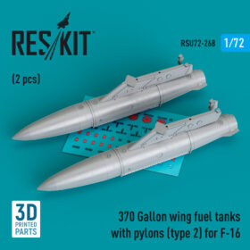 ResKit 370 Gallon wing fuel tanks with pylons (type 2) for F-16 (2 pcs) (3D Printed) (1/72) RSU72-0268