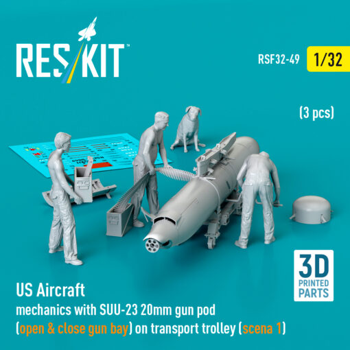 Reskit US Aircraft mechanics with SUU-23 20mm gun pod (open & close gun bay) on transport trolley (3 pcs) (3D Printed) (1/32) - Image 2