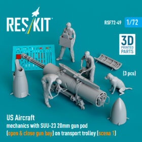 Reskit US Aircraft mechanics with SUU-23 20mm gun pod (open & close gun bay) on transport trolley (3 pcs) (3D Printed) (1/72)