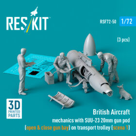Reskit British Aircraft mechanics with SUU-23 20mm gun pod (open & close gun bay) on transport trolley (3 pcs) (3D Printed) (1/72)