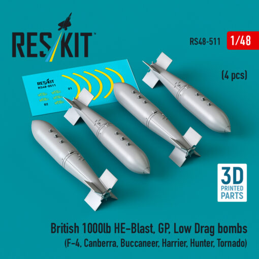 Reskit British 1000lb HE-Blast, GP, Low Drag bombs (4 pcs) (3D printed) (1/48) RS48-0511