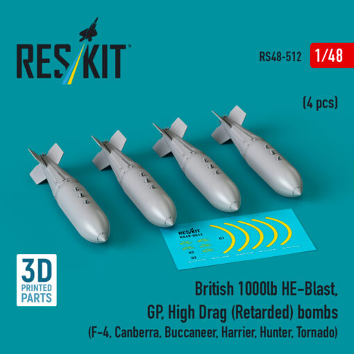 Reskit British 1000lb HE-Blast, GP, High Drag (Retarded) bombs (F-4, Canberra, Buccaneer, Harrier, Hunter, Tornado) (3D printed) (1/48) RS48-0512