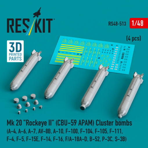 Reskit Mk 20 "Rockeye II" (CBU-59 APAM) Cluster bombs (4 pcs) (3D Printed) (1/48) RS48-0513