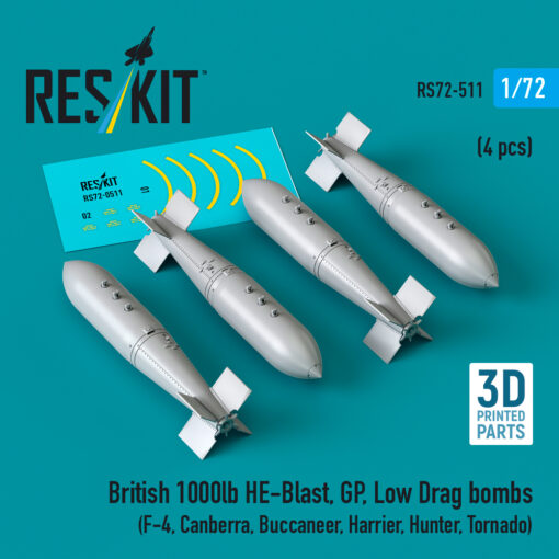 Reskit British 1000lb HE-Blast, GP, Low Drag bombs (4 pcs) (3D printed) (1/72) RS72-0511