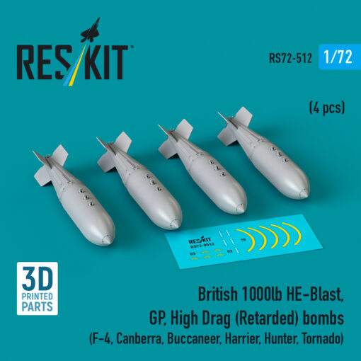 Reskit British 1000lb HE-Blast, GP, High Drag (Retarded) bombs (F-4, Canberra, Buccaneer, Harrier, Hunter, Tornado) (3D printed) (1/72) RS72-0512