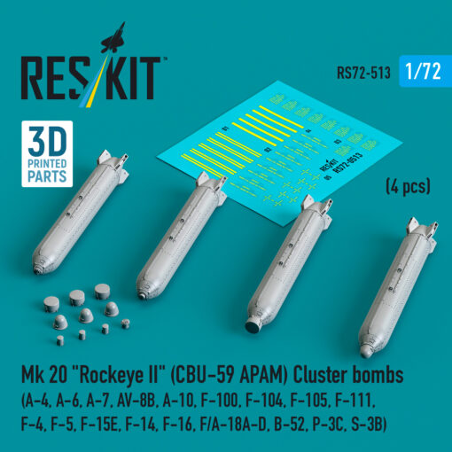 Reskit Mk 20 "Rockeye II" (CBU-59 APAM) Cluster bombs (4 pcs) (3D Printed) (1/72) RS72-0513