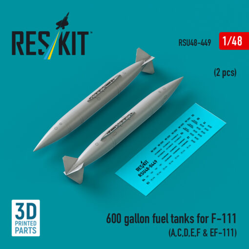 Reskit 600 gallon fuel tanks for F-111 (A,C,D,E,F & EF-111) (3D Printed) (1/48) RSU48-0449