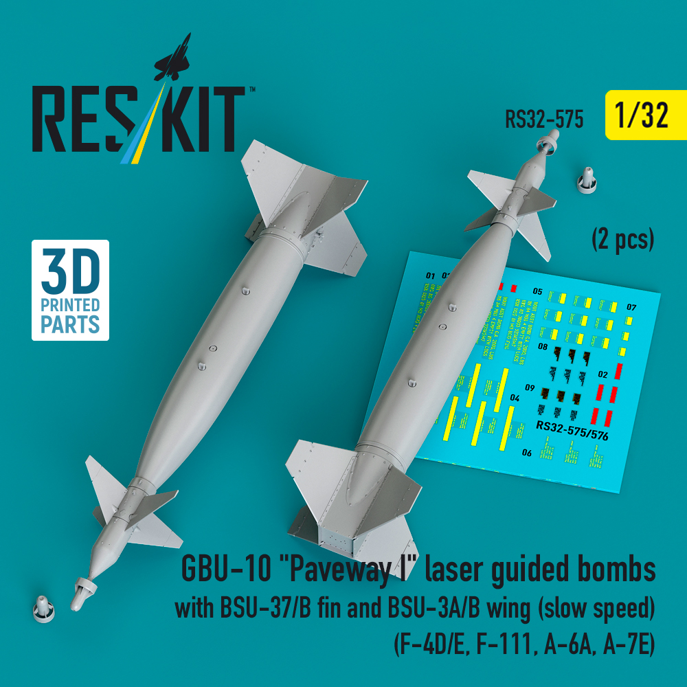 Reskit GBU-10 "Paveway I" laser guided bombs with BSU-37/B fin and BSU-3A/B wing (slow speed) (F-4D/E, F-111, A-6A, A-7E) (3D Printed) (1/32) RS32-0575