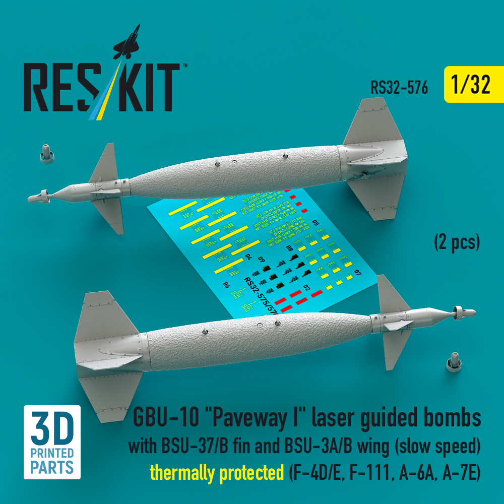 Reskit GBU-10 "Paveway I" laser guided bombs with BSU-37/B fin and BSU-3A/B wing (slow speed) thermally protected (F-4D/E, F-111, A-6A, A-7E) (3D Printed) (1/32) RS32-0576