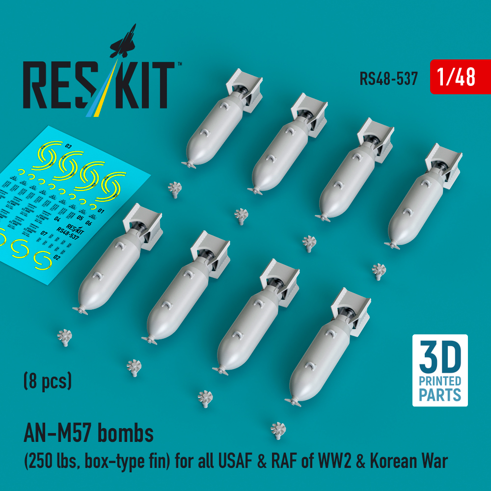 Reskit AN-M57 bombs (250 lbs, box-type fin) for all USAF & RAF of WW2 & Korean War (3D Printed) (1/48) RS48-0537