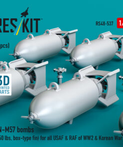 Alternative view of Reskit AN-M57 bombs (250 lbs, box-type fin) for all USAF & RAF of WW2 & Korean War (3D Printed) (1/48) RS48-0537