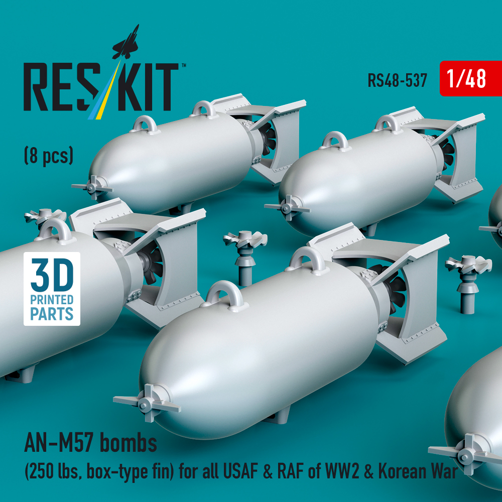 Reskit AN-M57 bombs (250 lbs, box-type fin) for all USAF & RAF of WW2 & Korean War (3D Printed) (1/48) RS48-0537 - Image 2
