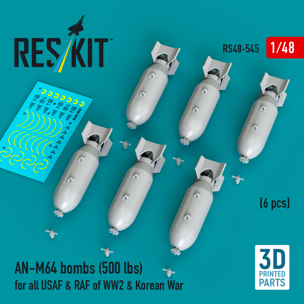 Reskit AN-M64 bombs (6 pcs) for all USAF & RAF of WW2 & Korean War (3D Printed) (1/48) RS48-0545