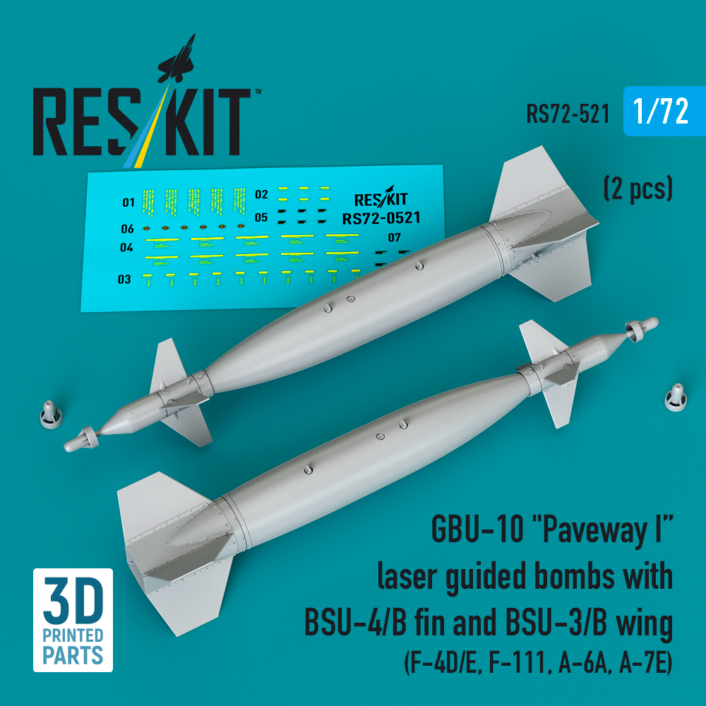 Reskit GBU-10 "Paveway I" laser guided bombs with BSU-4/B fin and BSU-3/B wing (2 pcs) (3D Printed) (1/72) RS72-0521