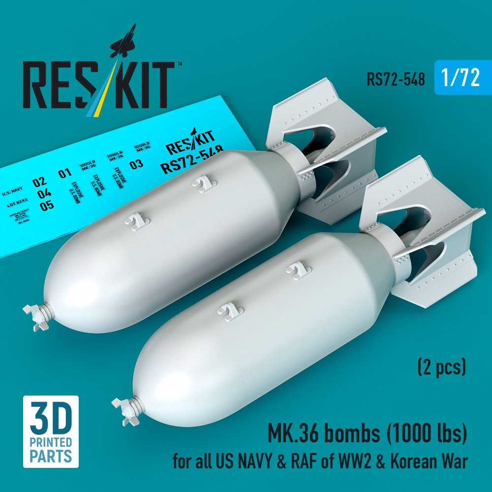 Reskit MK.36 bombs (1000 lbs) for all US NAVY & RAF of WW2 & Korean War (3D Printed) (1/72) RS72-0548