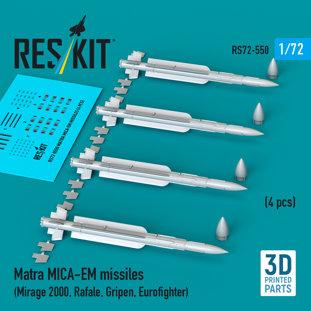 Reskit Matra MICA-EM missiles (4 pcs) (3D Printed) (1/72) RS72-0550
