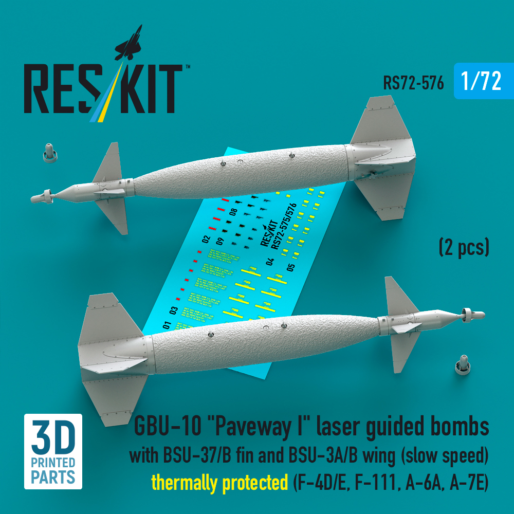 Reskit GBU-10 "Paveway I" laser guided bombs with BSU-37/B fin and BSU-3A/B wing (slow speed) thermally protected (F-4D/E, F-111, A-6A, A-7E) (3D Printed) (1/72) RS72-0576