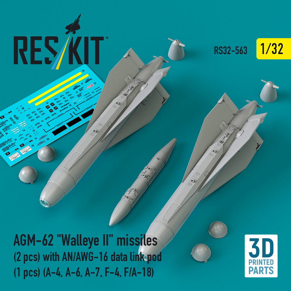 Reskit AGM-62 "Walleye II" missiles (2 pcs) with AN/AWG-16 data link pod (1 pcs) (A-4, A-6, A-7, F-4, F/A-18) (3D Printed) (1/32)