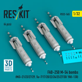 Reskit FAB-250 М-54 bombs (4 pcs) (MiG-21/23/27/29, Su-7/17/20/22/24/25/27/30/ YAK-130) (3D Printed) (1/32)