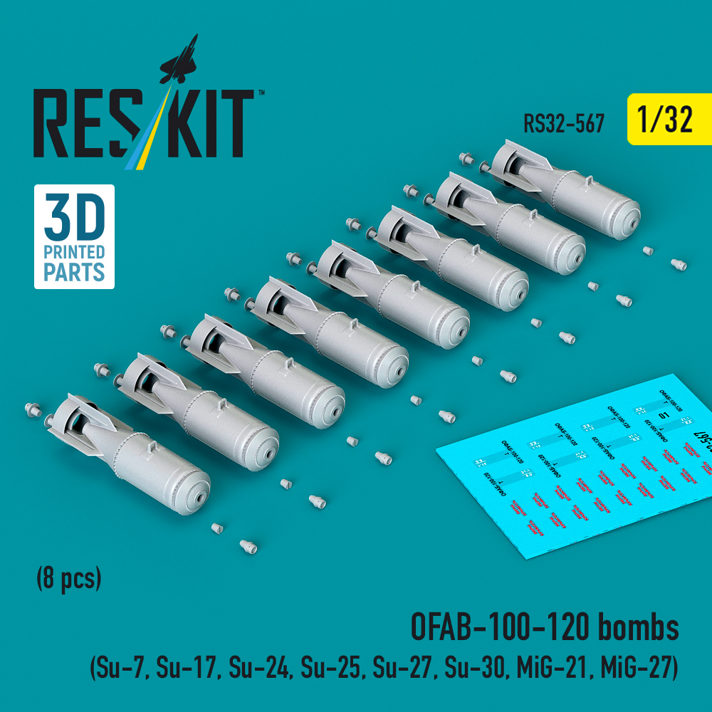 Reskit OFAB-100-120 bombs (8 pcs) (Su-7, Su-17, Su-24, Su-25, Su-27, Su-30, MiG-21, MiG-27) (3D Printed) (1/32)