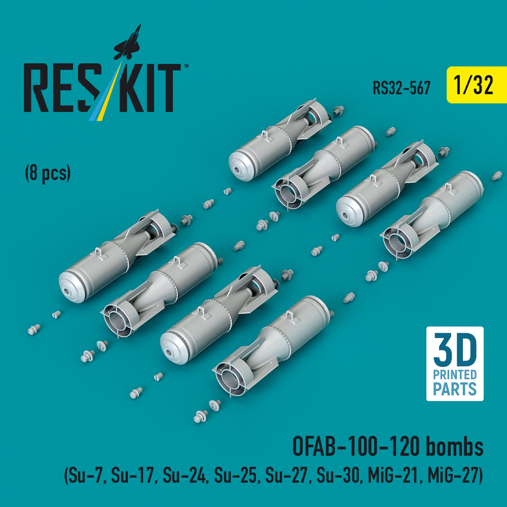 Reskit OFAB-100-120 bombs (8 pcs) (Su-7, Su-17, Su-24, Su-25, Su-27, Su-30, MiG-21, MiG-27) (3D Printed) (1/32) - Image 2