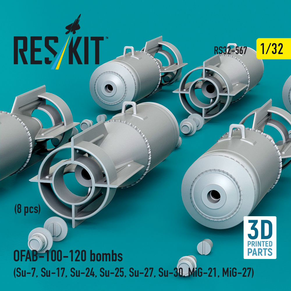 Reskit OFAB-100-120 bombs (8 pcs) (Su-7, Su-17, Su-24, Su-25, Su-27, Su-30, MiG-21, MiG-27) (3D Printed) (1/32) - Image 3