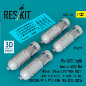 Reskit Mk-XVII Depth bombs (350 lb) (4 pcs) (PB4Y-1, PB4Y-2, PBY/PBN, PB2Y, SB2C, SOC, SO3C, SC, SBD, JRF, J4F, TBF/TBM, PV-1, PV-2, PBM, PBJ, OS2U, SB2U) (3D Printed) (1/32)