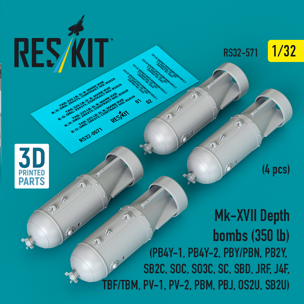 Reskit Mk-XVII Depth bombs (350 lb) (4 pcs) (PB4Y-1, PB4Y-2, PBY/PBN, PB2Y, SB2C, SOC, SO3C, SC, SBD, JRF, J4F, TBF/TBM, PV-1, PV-2, PBM, PBJ, OS2U, SB2U) (3D Printed) (1/32)