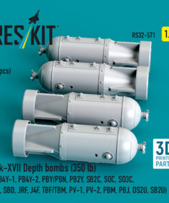 Alternative view of Reskit Mk-XVII Depth bombs (350 lb) (4 pcs) (PB4Y-1, PB4Y-2, PBY/PBN, PB2Y, SB2C, SOC, SO3C, SC, SBD, JRF, J4F, TBF/TBM, PV-1, PV-2, PBM, PBJ, OS2U, SB2U) (3D Printed) (1/32)
