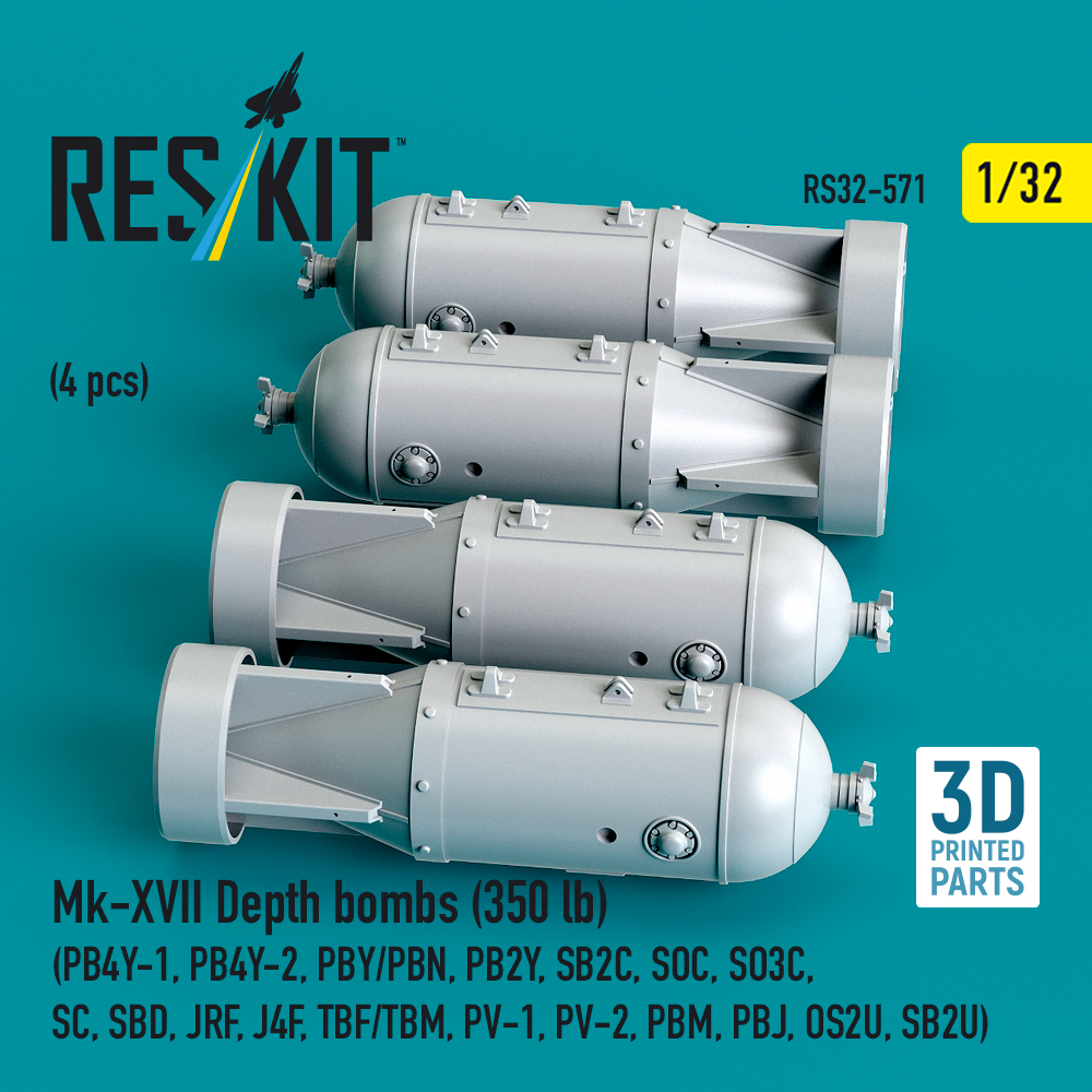 Reskit Mk-XVII Depth bombs (350 lb) (4 pcs) (PB4Y-1, PB4Y-2, PBY/PBN, PB2Y, SB2C, SOC, SO3C, SC, SBD, JRF, J4F, TBF/TBM, PV-1, PV-2, PBM, PBJ, OS2U, SB2U) (3D Printed) (1/32) - Image 2