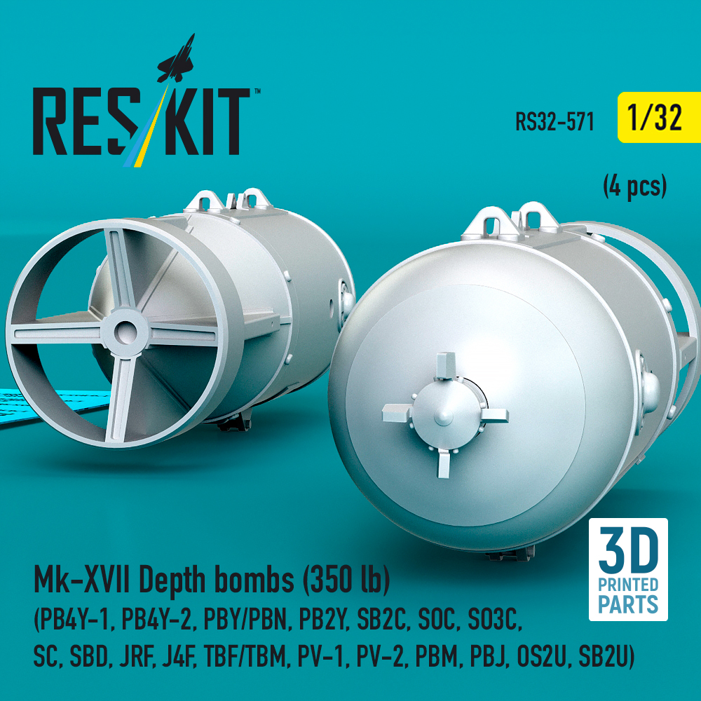 Reskit Mk-XVII Depth bombs (350 lb) (4 pcs) (PB4Y-1, PB4Y-2, PBY/PBN, PB2Y, SB2C, SOC, SO3C, SC, SBD, JRF, J4F, TBF/TBM, PV-1, PV-2, PBM, PBJ, OS2U, SB2U) (3D Printed) (1/32) - Image 3
