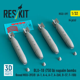 Reskit BLU-1B (750 lb) napalm bombs finned MXU-393/B (A-1, A-4, A-7, A-26K, B-57, F-100) (3D Printed) (1/32) RS32-0597