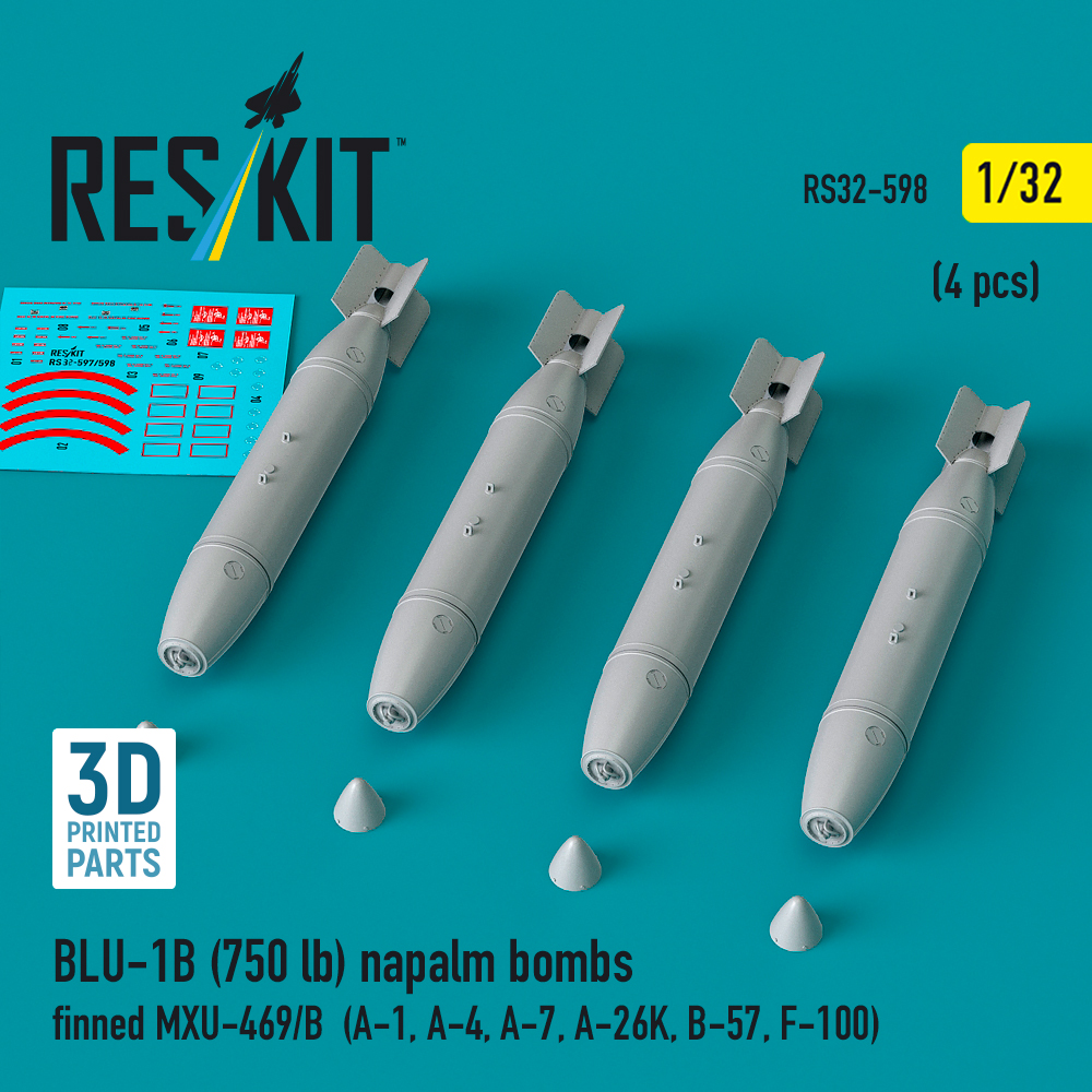 Reskit BLU-1B (750 lb) napalm bombs finned MXU-469/B (4 pcs) (A-1, A-4, A-7, A-26K, B-57, F-100) (3D Printed) (1/32)