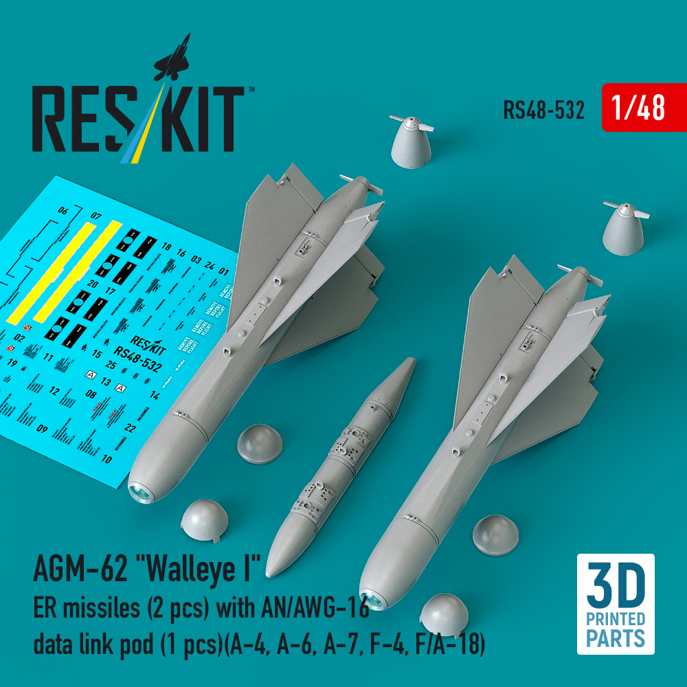 Reskit AGM-62 "Walleye I" ER missiles (2 pcs) with AN/AWG-16 data link pod (1 pcs) (A-4, A-6, A-7, F-4, F/A-18) (3D Printed) (1/48)