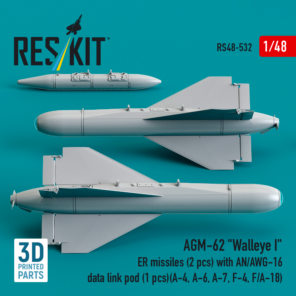 Reskit AGM-62 "Walleye I" ER missiles (2 pcs) with AN/AWG-16 data link pod (1 pcs) (A-4, A-6, A-7, F-4, F/A-18) (3D Printed) (1/48) - Image 2