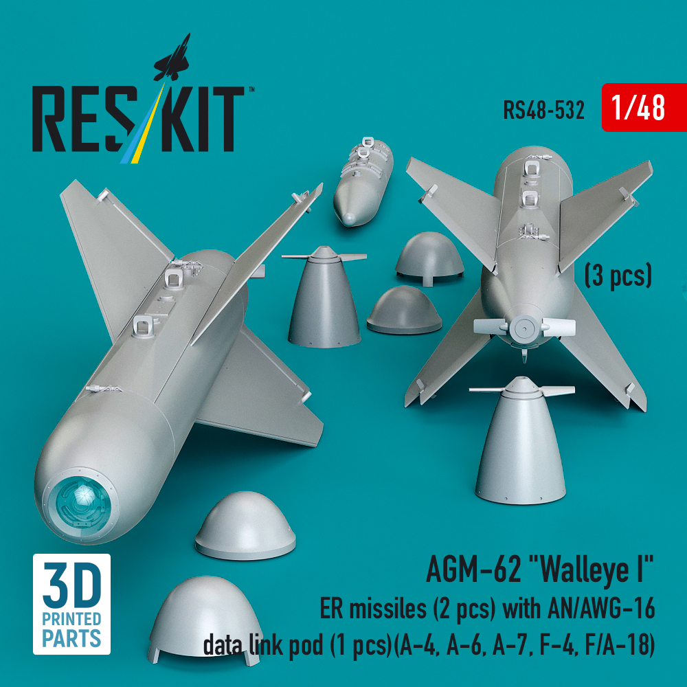 Reskit AGM-62 "Walleye I" ER missiles (2 pcs) with AN/AWG-16 data link pod (1 pcs) (A-4, A-6, A-7, F-4, F/A-18) (3D Printed) (1/48) - Image 3