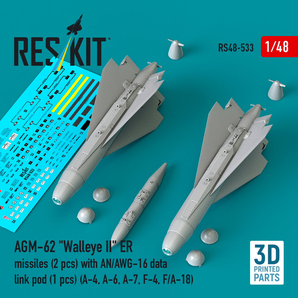 Reskit AGM-62 "Walleye II" ER missiles (2 pcs) with AN/AWG-16 data link pod (1 pcs) (A-4, A-6, A-7, F-4, F/A-18) (3D Printed) (1/48)