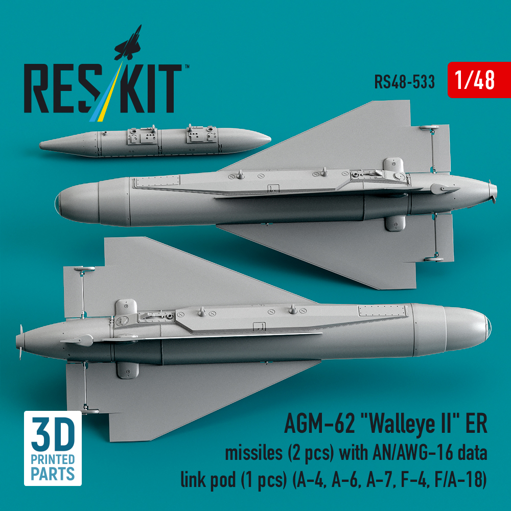 Reskit AGM-62 "Walleye II" ER missiles (2 pcs) with AN/AWG-16 data link pod (1 pcs) (A-4, A-6, A-7, F-4, F/A-18) (3D Printed) (1/48) - Image 2