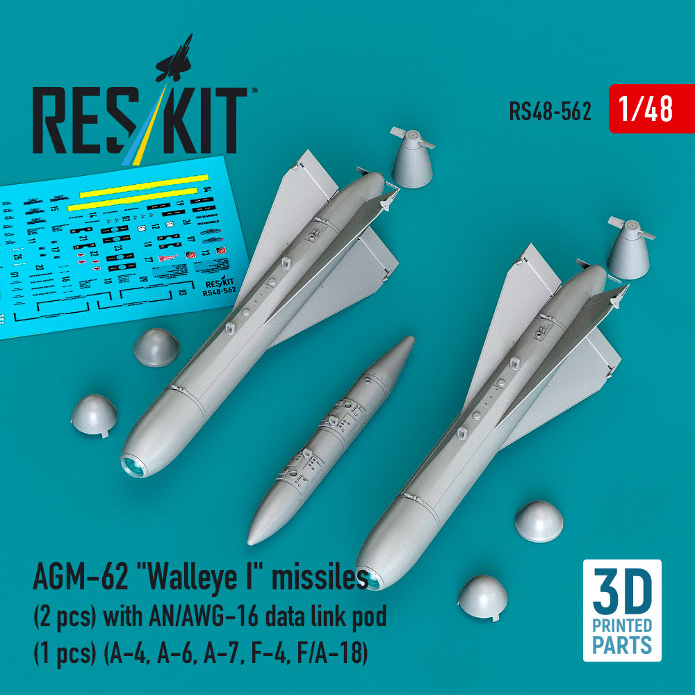 Reskit AGM-62 "Walleye I" missiles (2 pcs) with AN/AWG-16 data link pod (1 pcs) (A-4, A-6, A-7, F-4, F/A-18) (3D Printed) (1/48)