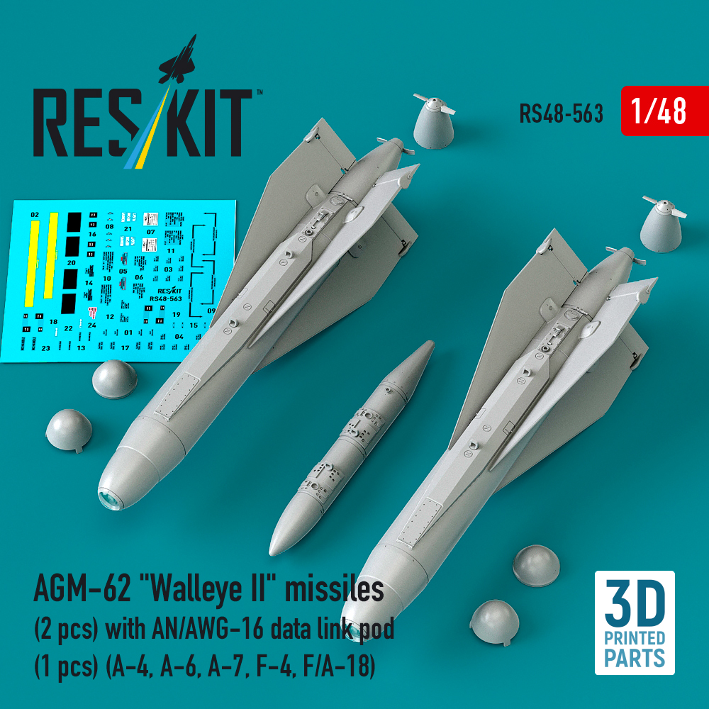 Reskit AGM-62 "Walleye I" missiles (2 pcs) with AN/AWG-16 data link pod (1 pcs) (A-4, A-6, A-7, F-4, F/A-18) (3D Printed) (1/48)