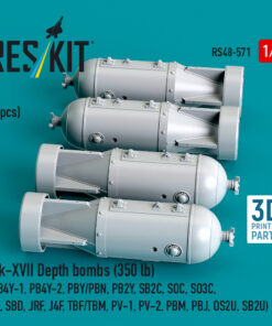 Alternative view of Reskit Mk-XVII Depth bombs (350 lb) (4 pcs) (PB4Y-1, PB4Y-2, PBY/PBN, PB2Y, SB2C, SOC, SO3C, SC, SBD, JRF, J4F, TBF/TBM, PV-1, PV-2, PBM, PBJ, OS2U, SB2U ) (3D Printed) (1/48)