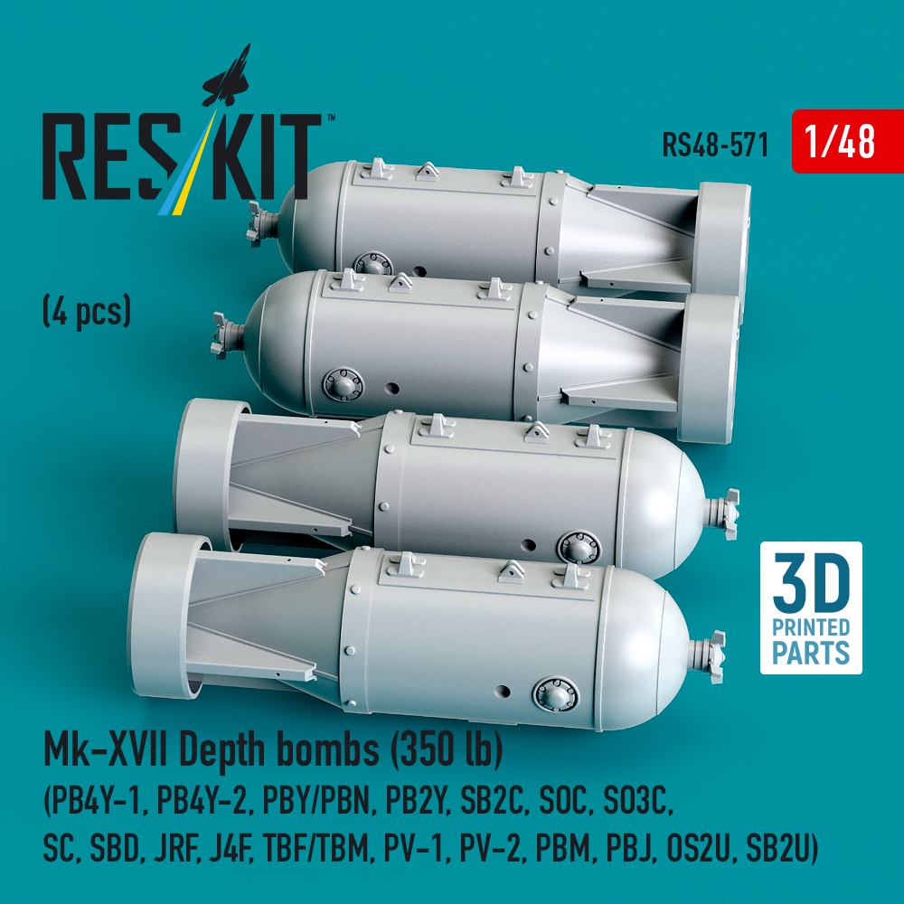 Reskit Mk-XVII Depth bombs (350 lb) (4 pcs) (PB4Y-1, PB4Y-2, PBY/PBN, PB2Y, SB2C, SOC, SO3C, SC, SBD, JRF, J4F, TBF/TBM, PV-1, PV-2, PBM, PBJ, OS2U, SB2U ) (3D Printed) (1/48) - Image 2