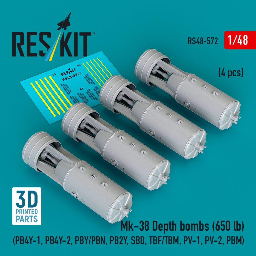 Reskit Mk-38 Depth bombs (650 lb) (4 pcs) (PB4Y-1, PB4Y-2, PBY/PBN, PB2Y, SBD, TBF/TBM, PV-1, PV-2, PBM) (3D Printed) (1/48)