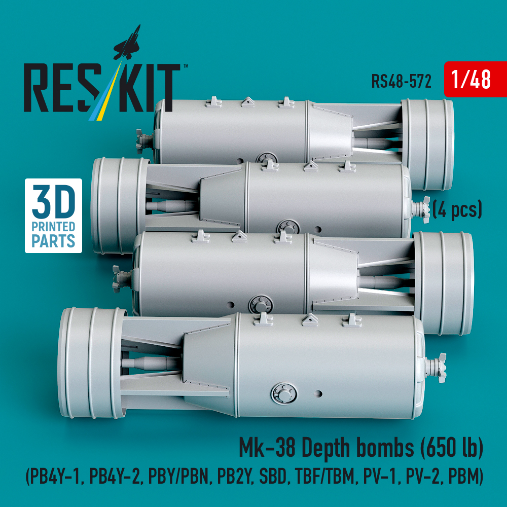 Reskit Mk-38 Depth bombs (650 lb) (4 pcs) (PB4Y-1, PB4Y-2, PBY/PBN, PB2Y, SBD, TBF/TBM, PV-1, PV-2, PBM) (3D Printed) (1/48) - Image 2